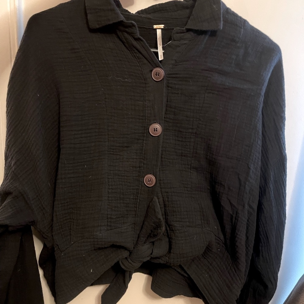 Free People Black Cropped Button Up with Adjustable Tie, One Size